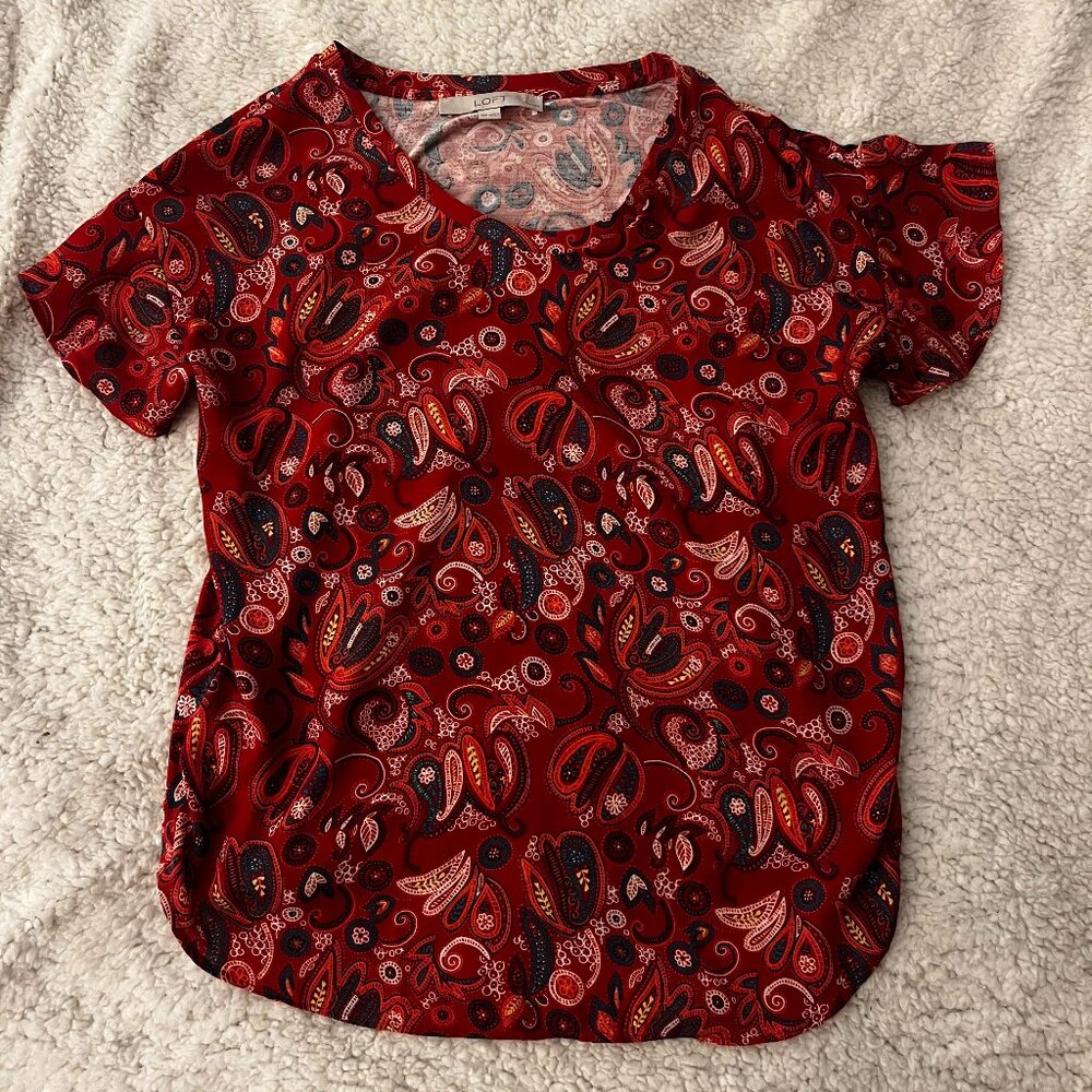 Loft XSP T Shirt Womens Red Floral Linen Short Sleeve Scoop Neck